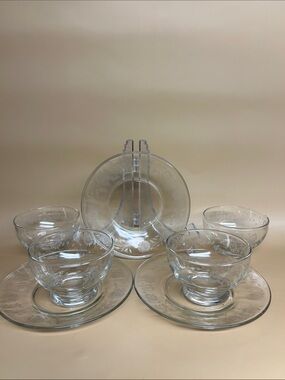 4 coupes à dessert vintage avec motif tournesol gravé - Dominion Glass Company